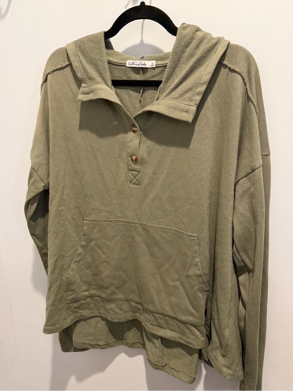 Olive Green Hooded Pullover with Buttons